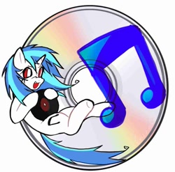 Size: 875x864 | Tagged: safe, artist:poniesinmyhead, derpibooru import, dj pon-3, vinyl scratch, pony, unicorn, g4, cd, disk, fangs, female, horn, mare, music notes, simple background, solo, white background