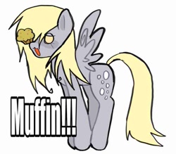 Size: 875x765 | Tagged: safe, artist:poniesinmyhead, derpibooru import, derpy hooves, pegasus, pony, g4, food, full body, muffin, open mouth, simple background, solo, text, white background