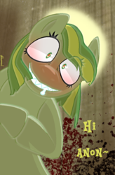 Size: 636x971 | Tagged: safe, artist:kharmacal, derpibooru import, earth pony, pony, g4, g4.5, blood, blood stains, bloodshot eyes, blushing, caption, drool, eye clipping through hair, hi anon, horny, image macro, looking at you, meme, open mouth, open smile, quick lime, run, sharp teeth, shrunken pupils, smiling, solo, teeth, text, two toned hair, yandere