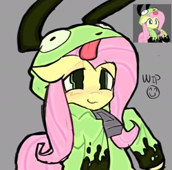 Size: 1609x1591 | Tagged: safe, artist:poniesinmyhead, derpibooru import, fluttershy, pegasus, pony, g4, antonymph, bust, clothes, female, fluttgirshy, gir, gray background, hoodie, invader zim, mare, simple background, smiling, solo, vylet pony