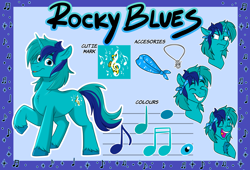 Size: 3300x2250 | Tagged: safe, artist:rutkotka, derpibooru import, oc, oc only, oc:rocky blues, pony, unicorn, accessory, bandana, bust, color palette, commission, commissioner:legionofblues, cutie mark, horn, jewelry, male, music notes, necklace, portrait, reference sheet, singing, smiling, stallion, stallion oc, unicorn oc