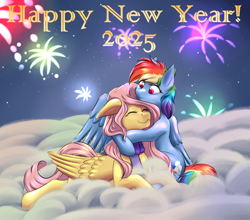 Size: 2976x2615 | Tagged: safe, artist:fluffyorbiter, derpibooru import, fluttershy, rainbow dash, pegasus, pony, g4, :3, ^^, clothes, cloud, comforting, cuddling, cute, daaaaaaaaaaaw, dashabetes, ears, eyes closed, eyes open, female, fireworks, floppy ears, flutterdash, folded wings, happy new year, happy new year 2025, heart, heart eyes, holiday, hug, lesbian, looking at someone, loving gaze, lying down, mane, multicolored mane, multicolored tail, neck hug, new year, new years eve, night, on a cloud, one wing out, pink mane, pink tail, prone, scarf, shipping, shyabetes, sitting, smiling, snuggling, tail, wingding eyes, winghug, wings