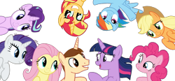 Size: 1654x768 | Tagged: safe, artist:bubbacheezit, derpibooru import, applejack, fluttershy, pinkie pie, rainbow dash, rarity, starlight glimmer, sunset shimmer, twilight sparkle, twilight sparkle (alicorn), oc, oc:caleb, alicorn, earth pony, pegasus, pony, unicorn, g4, the mean 6, female, horn, male, mane six, mare, my little pony: friendship is magic, simple background, stallion, transparent background, vector