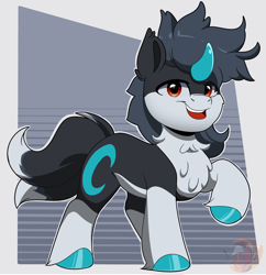 Size: 2920x3019 | Tagged: safe, artist:joaothejohn, derpibooru import, oc, oc only, pony, unicorn, chest fluff, commission, curved horn, cute, double tail, fursona, horn, looking at you, male, multiple tails, ponified, raised hoof, raised leg, simple background, smiling, solo, species swap, stallion, tail, unicorn oc