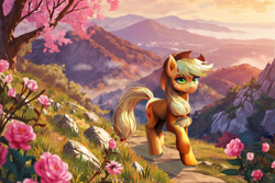 Size: 2000x1333 | Tagged: safe, artist:allegrenix, derpibooru import, applejack, earth pony, pony, g4, applejack's hat, clothes, cowboy hat, female, flower, freckles, grass, hat, mare, mountain, outdoors, scenery, solo, spring, tree, wallpaper