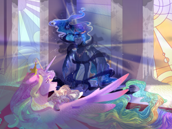 Size: 2000x1500 | Tagged: safe, artist:bunnari, derpibooru import, princess cadance, princess celestia, princess luna, alicorn, pony, g4, bad end au, crying, female, hoof shoes, jewelry, mare, peytral, regalia, spread wings, story included, throne room, trio, wings