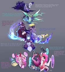 Size: 2701x3000 | Tagged: safe, artist:bunnari, derpibooru import, oc, oc:anima, oc:carbonado, oc:carnivalicious dionysus wonderland, oc:dixie dizzy, oc:festivalus bacchus dreamland, oc:maleficent, oc:velour, oc:venom sting, changepony, draconequus, hybrid, pony, unicorn, bad end au, balloon, crystal, female, fusion, gray background, horn, horns, interspecies offspring, magic, magical lesbian spawn, male, mare, next generation, offspring, parent:discord, parent:lord tirek, parent:pinkie pie, parent:queen chrysalis, parent:rainbow dash, parent:rarity, parent:stygian, parents:chrysadash, parents:discopie, parents:rarirek, portal, simple background, sword, tongue, tongue out, weapon