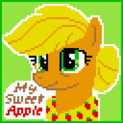 Size: 768x768 | Tagged: safe, artist:boxwari, derpibooru import, applejack, earth pony, pony, g4, bags under eyes, bust, clothes, digital art, female, granny smith's shawl, green background, mare, older, older applejack, pixel art, shawl, simple background, solo, text