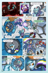 Size: 2079x3142 | Tagged: safe, artist:captainhoers, derpibooru import, ocellus, oc, oc:antebellum, oc:aurora (hoers), oc:concorde, oc:lucent bloom, oc:rosetta (stardust), oc:wolfram, oc:zambuko, changedling, changeling, deer, earth pony, griffon, kirin, pegasus, pony, unicorn, zebra, comic:stardust:the sky belongs to no one, g4, :t, argument in the comments, buck, clothes, deer oc, dialogue, disguise, disguised changeling, female, glasses, griffon oc, grin, group photo, high res, horn, kirin oc, laughing, levitation, looking at you, magic, male, mare, non-pony oc, nonbinary pride flag, offspring, older, older ocellus, open mouth, open smile, parent:soarin', parent:spitfire, parents:soarinfire, posing for photo, prank, pride, pride flag, smiling, smiling at you, space, speech bubble, stallion, telekinesis, uniform, wings, zebra oc, zero gravity