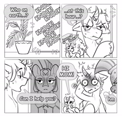 Size: 3000x2885 | Tagged: oc name needed, safe, artist:opalacorn, derpibooru import, oc, oc only, oc:ironfire, oc:ryo, earth pony, pony, unicorn, black and white, breath, commission, curved horn, dialogue, female, grayscale, guardsmare, horn, horn ring, iryo, lidded eyes, male, mare, monochrome, nervous sweat, ring, royal guard, snorting, speech bubble, stallion, trio