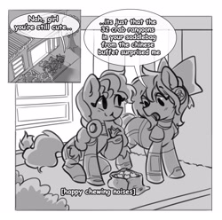 Size: 2600x2583 | Tagged: safe, artist:opalacorn, derpibooru import, oc, oc only, oc:cinnabyte, oc:lillybit, earth pony, pony, bag, black and white, bow, comic, commission, dialogue, eating, food, grayscale, hair bow, headphones, headphones around neck, high res, hoof hold, monochrome, open mouth, saddle bag, sitting, smiling, speech bubble