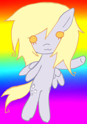 Size: 652x926 | Tagged: safe, artist:poniesinmyhead, derpibooru import, derpy hooves, pegasus, pony, g4, :3, gradient background, rainbow background, smiling, solo, wings