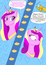 Size: 2480x3508 | Tagged: safe, artist:glacialfeather, derpibooru import, discord, princess cadance, alicorn, draconequus, g4, three's a crowd, apple, apple pie, comic, fat, food, my little pony: friendship is magic, pie, weight gain