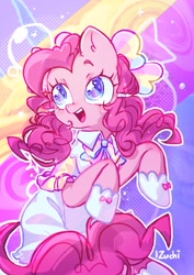 Size: 724x1024 | Tagged: safe, artist:izuchi, derpibooru import, pinkie pie, earth pony, pony, g4, bubble, solo, tied mane