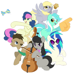 Size: 1086x1111 | Tagged: safe, artist:tnobulin, derpibooru import, bon bon, derpy hooves, dj pon-3, doctor whooves, lyra heartstrings, octavia melody, sweetie drops, vinyl scratch, earth pony, pegasus, pony, unicorn, g4, background six, candy, cello, female, foam finger, food, horn, male, mare, muffin, musical instrument, simple background, sitting, stallion, transparent background