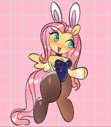 Size: 941x1080 | Tagged: safe, artist:shugrcube, derpibooru import, fluttershy, anthro, unguligrade anthro, g4, abstract background, arm hooves, blushing, breasts, bunny suit, choker, cleavage, clothes, female, grid background, open mouth, open smile, smiling, solo