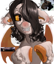 Size: 578x693 | Tagged: safe, artist:nezzypezzy, derpibooru import, oc, oc only, bat pony, pony, braces, ear tufts, fangs, hair over one eye, male, solo, stallion, unshorn fetlocks