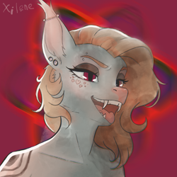 Size: 2073x2073 | Tagged: safe, artist:xilene, derpibooru import, oc, oc only, oc:xilene, anthro, bat pony, bangs, bat pony oc, brow piercing, bust, ear piercing, piercing, portrait, red eyes, tattoo, tongue, tongue out