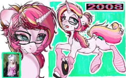 Size: 655x409 | Tagged: safe, artist:nezzypezzy, derpibooru import, oc, oc only, pony, unicorn, clothes, ear piercing, earring, glasses, horn, jewelry, leg warmers, piercing, socks, solo