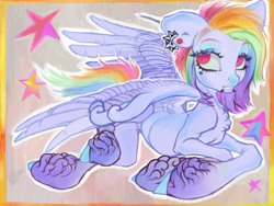 Size: 962x724 | Tagged: safe, artist:nezzypezzy, derpibooru import, rainbow dash, pegasus, pony, g4, abstract background, alternate design, ear piercing, earring, female, flying, jewelry, lip piercing, mare, piercing, snake bites, solo, unshorn fetlocks