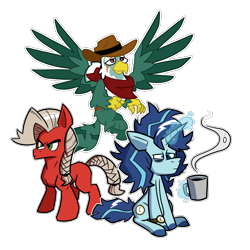 Size: 3031x3031 | Tagged: safe, artist:maxytoon, derpibooru import, oc, oc only, earth pony, griffon, unicorn, coffee, colored, cowboy hat, dungeons and dragons, flat colors, hat, horn, pen and paper rpg, rpg, simple background, white background