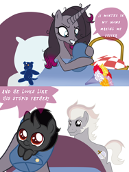 Size: 3000x3987 | Tagged: safe, artist:messy sketch, derpibooru import, king sombra, oleander, oc, them's fightin' herds, g4, baby, bed, black, blue, colt, colt sombra, community related, father and child, father and son, female, foal, gray, male, mare, meme, mother and child, mother and son, nine months in my womb making me suffer, parent and child, pink, plushie, red, red eyes, stallion