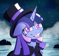 Size: 2339x2250 | Tagged: safe, artist:acidigon, derpibooru import, oc, oc only, oc:flawless sparklemoon, pony, unicorn, g4, cloak, clothes, female, fusion, fusion:trixie, fusion:twilight sparkle, fusion:twixie, hat, horn, looking at you, mare, my little pony the movie: the death of twilight sparkle, open mouth, open smile, smiling, solo, top hat