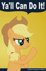 Size: 643x1000 | Tagged: safe, artist:the proverbial john, derpibooru import, applejack, earth pony, pony, g4, applejack's hat, clothes, cowboy hat, female, flexing, hat, mare, motivation, motivational poster, retro, rosie the riveter, solo, we can do it!