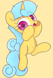 Size: 1285x1890 | Tagged: safe, artist:violavaquita, derpibooru import, lemon hearts, pony, unicorn, g4, belly, belly button, female, filly, foal, heart, heart eyes, horn, looking at you, open mouth, simple background, solo, wingding eyes, younger