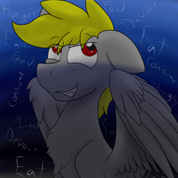 Size: 4104x4104 | Tagged: safe, artist:flashytheflashpone-blog, derpibooru import, oc, oc only, oc:flashy, oc:lightning flash, pegasus, pony, chest fluff, cravings, english, eye clipping through hair, eyebrows, eyebrows visible through hair, gradient background, hungry, implied vore, lidded eyes, looking up, male, partially open wings, pegasus oc, sitting, solo, stallion, tumblr, wings