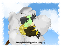 Size: 3500x2700 | Tagged: safe, artist:scandianon, derpibooru import, oc, oc only, oc:anon filly, oc:beefilly, bee, insect, pony, animal costume, bee costume, blushing, clothes, costume, ears, eyes closed, female, filly, floppy ears, flower, foal, in memoriam, outdoors, sleeping, smiling, text, tribute