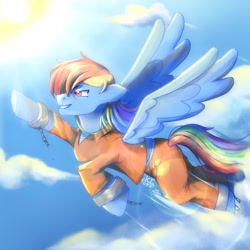 Size: 2048x2048 | Tagged: safe, artist:katieisthewolf, derpibooru import, rainbow dash, broken chains, clothes, flying, prison break, prison outfit, prisoner, prisoner rd