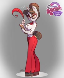 Size: 1048x1280 | Tagged: safe, artist:xconito, derpibooru import, raven, anthro, unicorn, g4, breasts, clipboard, clothes, female, glasses, gradient background, horn, pants, quill, shirt, solo