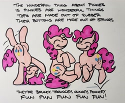 Size: 2048x1689 | Tagged: safe, artist:hoofclid, derpibooru import, pinkie pie, earth pony, pony, g4, cartwheel, eyes closed, female, mare, marker drawing, smiling, solo, text, tigger, traditional art, winnie the pooh