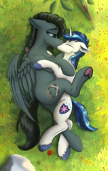 Size: 2160x3400 | Tagged: safe, alternate version, artist:crimsonwolf360, derpibooru import, shining armor, oc, oc only, oc:noble six, pegasus, unicorn, g4, cuddling, duo, duo male and female, female, flower, grass, grass field, horn, infidelity, infidelity armor, kissing, male, mare, outdoors, partially open wings, size difference, smaller male, snuggling, stallion, wings