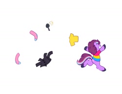 Size: 1300x1000 | Tagged: safe, artist:sekuponi, derpibooru import, oc, oc only, oc:sweet vibes, earth pony, pony, bipedal, clothes, female, fried egg, frying pan, mare, pansexual pride flag, pride, pride flag, running, shirt, simple background, socks, solo, t-shirt, trenchcoat, white background