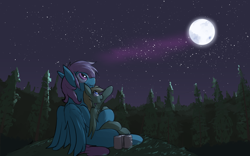 Size: 3858x2400 | Tagged: safe, artist:sleepyhoers, derpibooru import, oc, oc only, oc:atom, oc:lemming, pegasus, pony, can, drink, full moon, male, moon, moonlight, night, pointing, stallion, stars, tree, wings