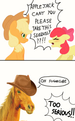 Size: 2480x4000 | Tagged: safe, artist:starburstuwu, derpibooru import, apple bloom, applejack, earth pony, horse, pony, g4, 2 panel comic, apple sisters, bust, comic, dialogue, duo, duo female, ears back, eyes closed, female, filly, foal, high res, hoers, irl horse, mare, meme, open mouth, ponified, ponified meme, recolored hoers, siblings, simple background, sisters, speech bubble, white background, yelling