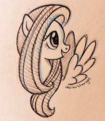 Size: 2457x2813 | Tagged: safe, artist:dariarchangel, derpibooru import, fluttershy, pegasus, pony, g4, :d, adorable face, bust, cute, cute face, cute smile, female, long hair, long mane, mare, monochrome, open mouth, open smile, pegasus wings, pen drawing, pen sketch, portrait, shyabetes, sketch, smiling, solo, spread wings, traditional art, wings