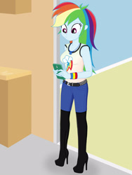 Size: 1920x2560 | Tagged: safe, artist:gibsterboy5, derpibooru import, rainbow dash, human, equestria girls, g4, beautiful, belt, belt buckle, boots, breasts, clothes, complex background, cute, cutie mark on clothes, dashabetes, denim, female, geode of super speed, high heel boots, high heels, indoors, jeans, jewelry, leather, leather boots, looking down, magical geodes, multicolored hair, necklace, overknee boots, pants, phone, platform boots, platform heels, platform shoes, rainbow hair, sexy, shoes, signature, solo, standing, studded belt, tanktop, thigh boots, vector background, woman, wristband