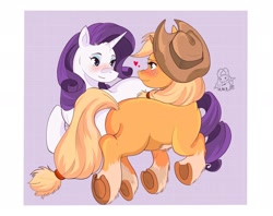 Size: 2048x1623 | Tagged: safe, artist:inkrred, derpibooru import, applejack, rarity, earth pony, pony, unicorn, g4, blushing, butt, duo, duo female, female, floating heart, frog (hoof), heart, horn, lesbian, mare, missing cutie mark, passepartout, plot, rarijack, shipping, underhoof