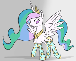 Size: 746x602 | Tagged: artist needed, safe, artist:wuzzlefluff, color edit, derpibooru import, edit, editor:wuzzlefluff, princess celestia, alicorn, pony, g4, clothes, colored, drawthread, female, mare, original version needed, requested art, socks, solo, spread wings, thigh highs, wings