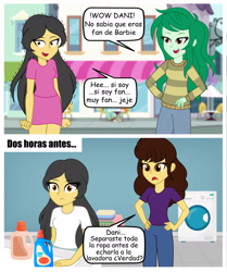 Size: 1697x2033 | Tagged: safe, artist:danielitamlp, derpibooru import, wallflower blush, oc, oc:dany melody, oc:flower melody, human, equestria girls, g4, 2 panel comic, clothes, comic, detergent, eye clipping through hair, eyebrows, eyebrows visible through hair, female, flashback, indoors, mother, nervous, outdoors, spanish, spanish text, washing machine