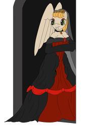 Size: 2447x2970 | Tagged: safe, artist:timejumper, derpibooru import, oc, oc only, oc:skirov ring, anthro, pegasus, undead, vampire, series:new year renewed vows, choker, clothes, corset, dress, evening gloves, gloves, gown, jewelry, long gloves, necklace, partially transparent background, solo, veil, wedding dress