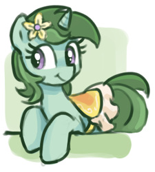 Size: 263x292 | Tagged: safe, artist:anonymous, derpibooru import, spring fresh, pony, unicorn, g4, colored, drawthread, female, flower, flower in hair, horn, looking at you, mare, requested art, saddle, solo, tack