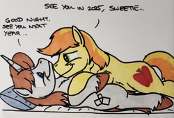 Size: 2048x1390 | Tagged: safe, artist:hoofclid, derpibooru import, braeburn, oc, oc:hoofclid, earth pony, pony, unicorn, g4, canon x oc, chest fluff, cuddling, dialogue, duo, duo male, gay, happy new year, happy new year 2025, holiday, horn, lying down, male, marker drawing, on back, shipping, stallion, traditional art, unshorn fetlocks