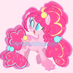 Size: 736x737 | Tagged: safe, artist:hatsune.miku, derpibooru import, pinkie pie, earth pony, pony, g4, alternate design, alternate hairstyle, alternate mane color, alternate tail color, alternate tailstyle, cute, female, head turn, leg markings, mare, obtrusive watermark, open mouth, open smile, pink, ponytail, redesign, smiling, starry eyes, striped mane, striped tail, tail, tied mane, tied tail, two toned mane, two toned tail, watermark, wingding eyes