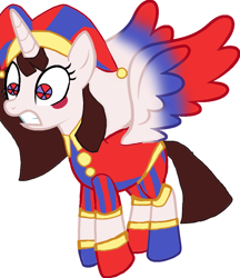 Size: 804x932 | Tagged: safe, artist:poleyfamilycrew0427, derpibooru import, alicorn, pony, anxious, crossover, female, gritted teeth, hat, jester, jester hat, jester outfit, mare, pomni, ponified, ponmi, simple background, solo, species swap, teeth, the amazing digital circus, white background, wings