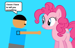 Size: 586x376 | Tagged: safe, artist:williamtheofficial, derpibooru import, pinkie pie, oc, oc:william, earth pony, human, pony, g4, blue background, dialogue, female, looking at each other, looking at someone, male, mare, pointing, simple background