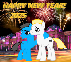 Size: 1054x927 | Tagged: safe, artist:williamtheofficial, derpibooru import, oc, oc only, oc:diego, oc:william, earth pony, 2025, argentina, brothers, building, fireworks, happy new year, happy new year 2025, holiday, male, new year, real life background, siblings, stallion, stallion oc